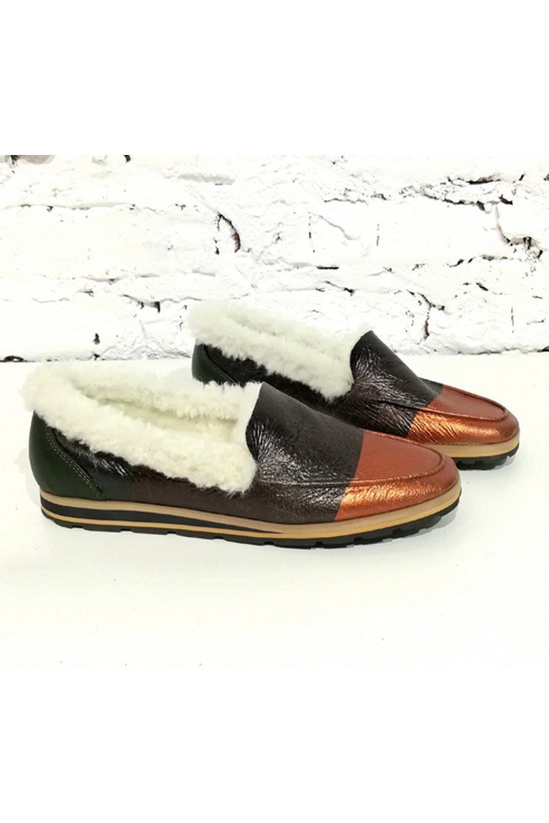 Buy Stylish soft women`s comfortable loafers moccasin leather fur flat sole round toe large tread